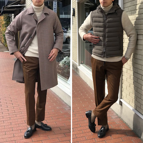 2つのアウターでコーディネートに振り幅を! MooRERのダウンベストとTAGLIATOREのバルカラーコート!!